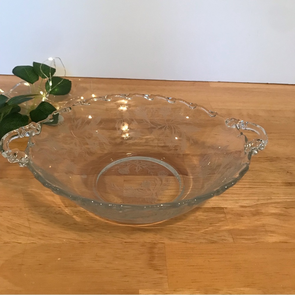 Vintage Fostoria Heather Etched Design Glass Bowl With Handles Scalloped Edge